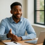 Young professional smiling and confidently introducing himself during a job interview in a modern office setting.