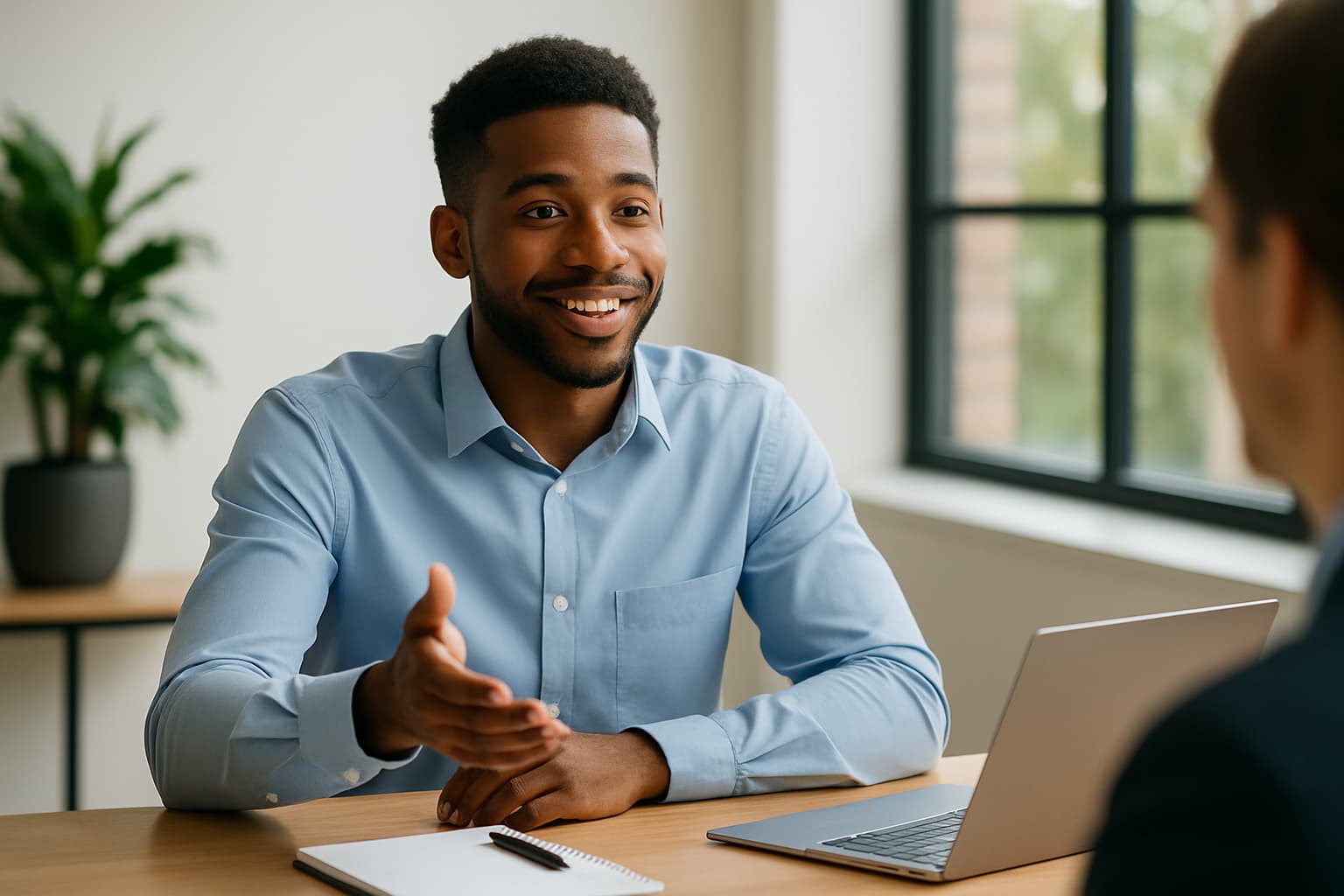 Young professional smiling and confidently introducing himself during a job interview in a modern office setting.