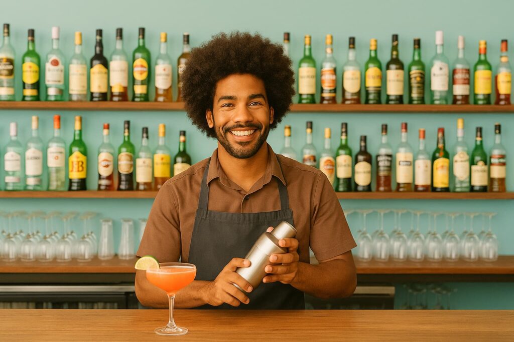 Smiling bartender at a colorful bar in Curaçao – hospitality job example featured on Un Dos Job