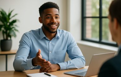 Young professional smiling and confidently introducing himself during a job interview in a modern office setting.