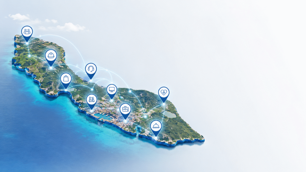 Interactive map of Curaçao showing job opportunities and employment locations across the island.